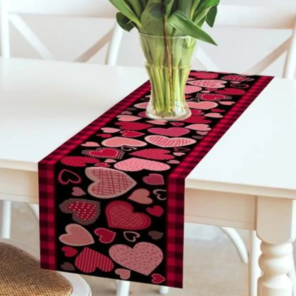 Valentines Day Table Runner Heart Cloth Buffalo Plaid Farmhouse Cottage Decor
